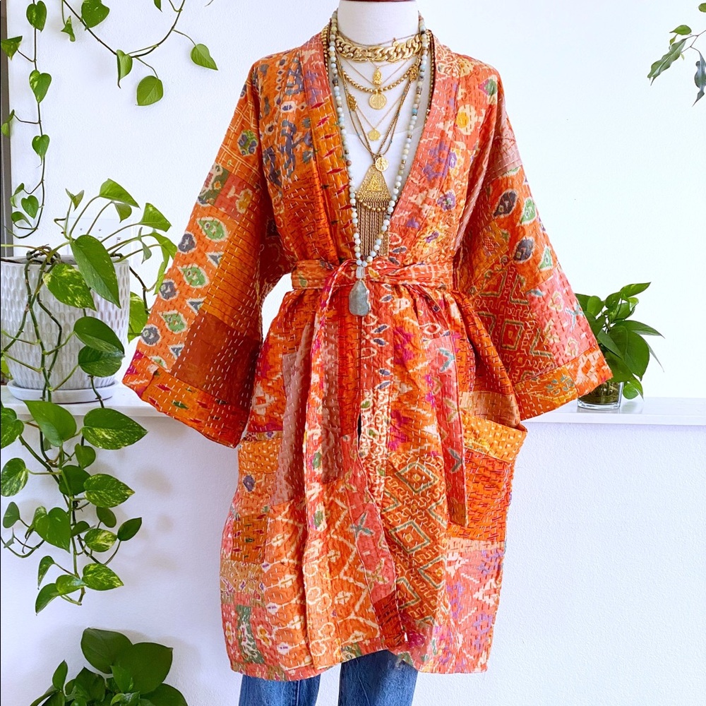 Bohemian Robe, made from vintage silk kantha quilts with pockets &matching belt
